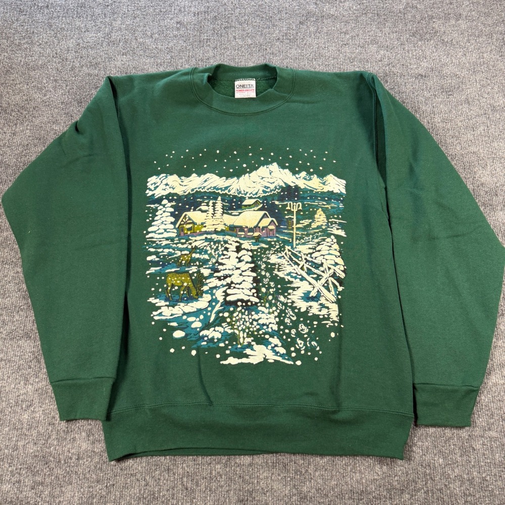 Vintage 90s Oneita Power-Sweats Cabin Graphic Green Cotton Blend L Cottagecore